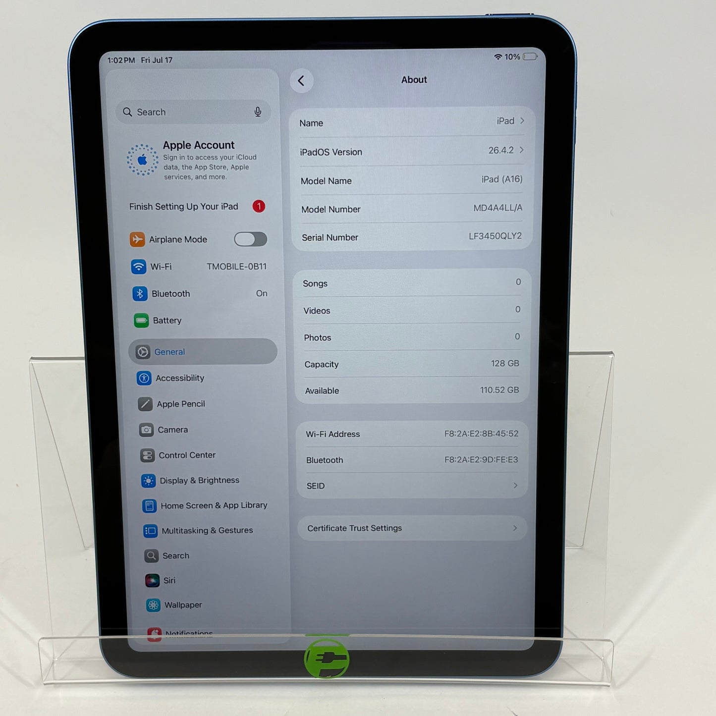 WiFi Only Apple iPad 11" (A16) 128GB Blue MD4A4LL/A